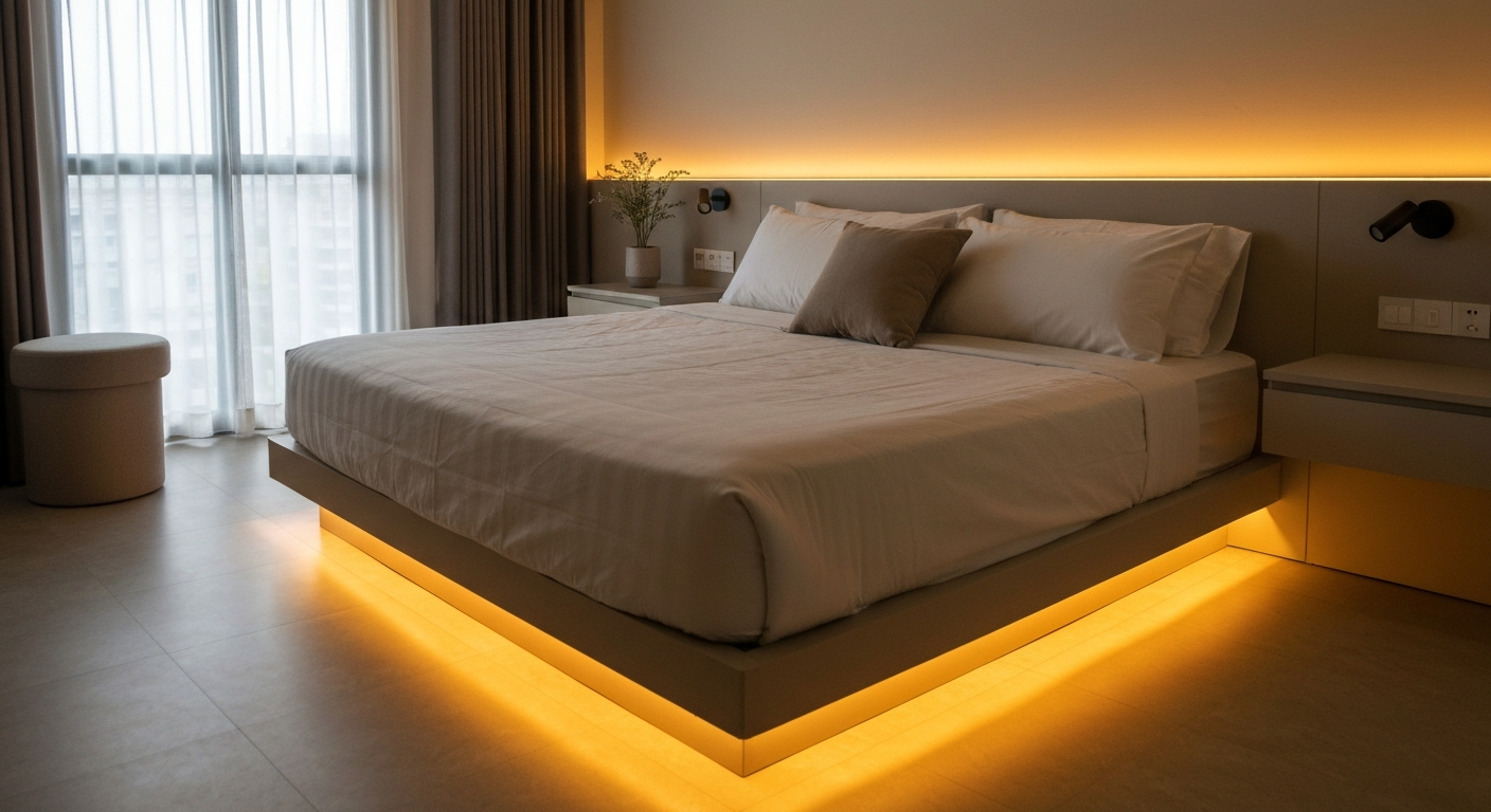 รวมไอเดียและวิธีติดตั้งไฟ LED strip ห้องนอน ตั้งแต่ใต้เตียง หัวเตียง ไปถึงขอบฝ้า พร้อมแนะนำเลือกสีแสงและวัตต์ที่เหมาะสมเพื่อบรรยากาศสวยและนอนหลับดี