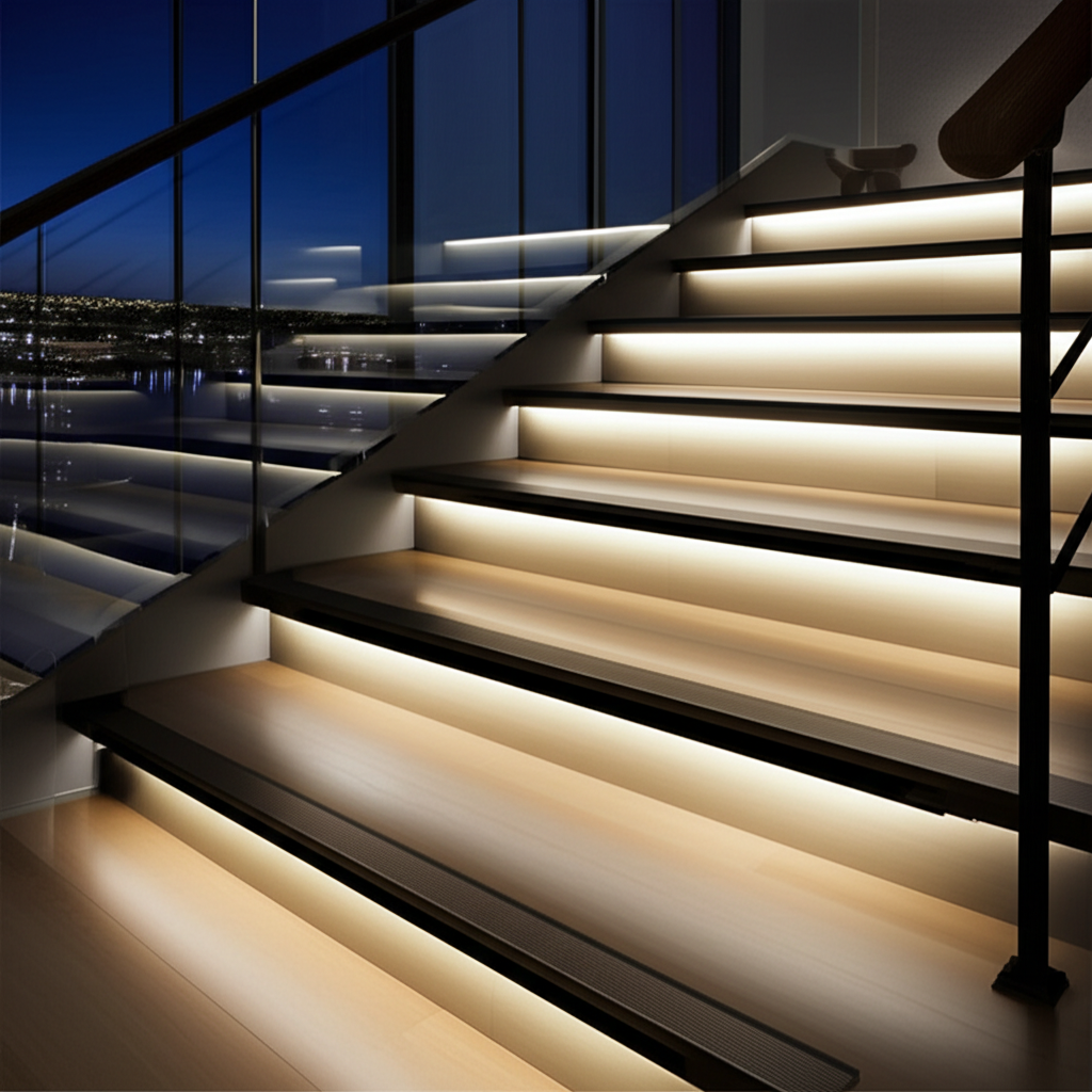 ติดตั้งขอบบันไดในบ้าน ไฟส่องขอบขั้นชัดเจน