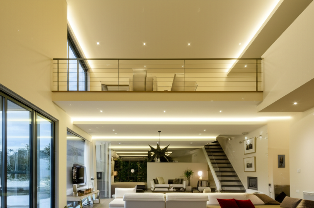 ห้องนั่งเล่นเพดานสูง แสงส่องถึงทั้งชั้นบนและล่าง