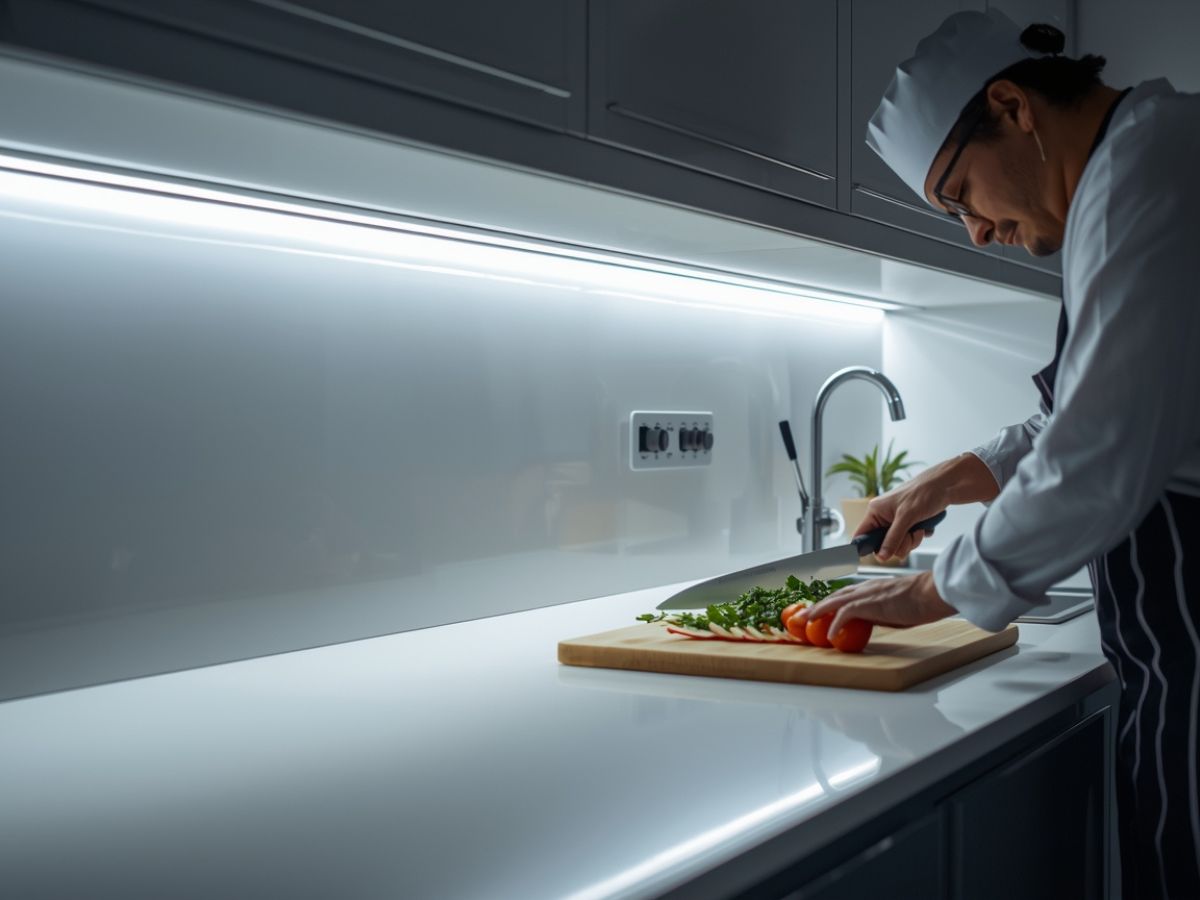 เคาน์เตอร์ครัว หั่นผักหั่นเนื้อเห็นทุกรายละเอียด