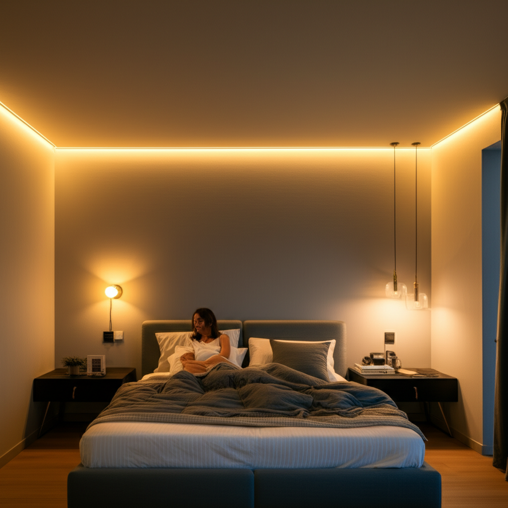 ห้องนั่งเล่น แสงอุ่นช่วงค่ำ สบายตา