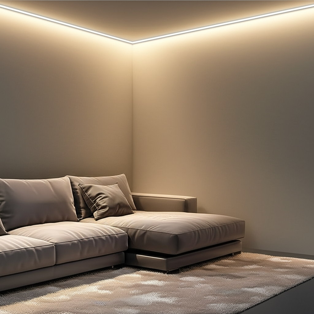 มุมห้องนั่งเล่น ลากแสงจากผนังหนึ่งไปอีกผนังอย่างไร้รอยต่อ